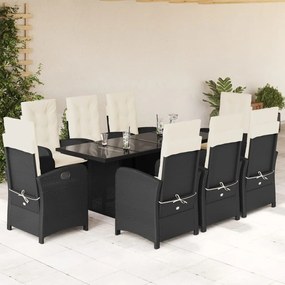 Set da pranzo da giardino 9 pz con cuscini nero in polyrattan