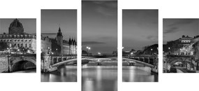 Quadri 5 pezzi – Panorama di Parigi abbagliante in bianco e nero