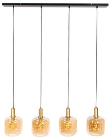 Lampada a sospensione di design nera con ottone e vetro ambrato a 4 luci - Zuzanna
