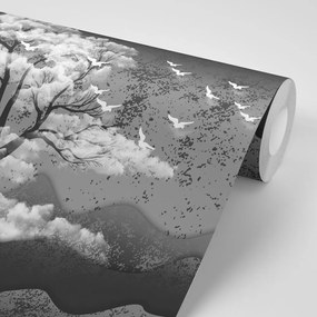 Carta da parati autoadesiva – Albero in bianco e nero tra le nuvole