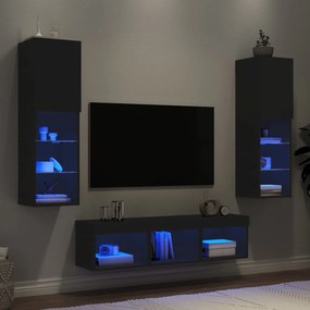 Mobili tv a muro con led 5pz neri in legno multistrato