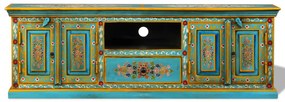 Mobile porta tv in legno massello di mango blu dipinto a mano
