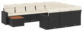 Set divani da giardino 11 pz con cuscini in polyrattan nero