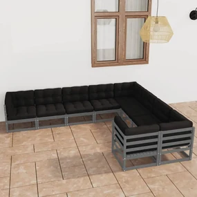 Set divani da giardino 9 pz grigio cuscini massello di pino