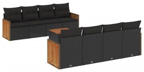 Set divani da giardino 9 pz con cuscini nero in polyrattan