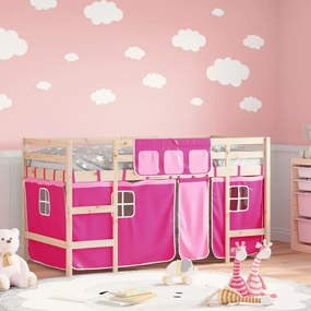 Letto A Soppalco Con Tende Bambini Rosa 90x200 Cm Massello Pino /