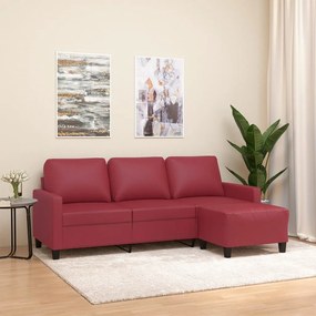 Divano A 3 Posti Con Poggiapiedi Rosso Vino 180cm İn Similpelle /