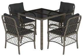 Set da pranzo da giardino 5 pz con cuscini in polyrattan grigio