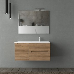 Mobile Bagno Sospeso Cannettato 100 Cm Due Cassetti Un'Anta Lavabo a Dx Specchio Con Lampada Led 70x100 Cm AdattoCasa "Rigo" Rovere Farnia/Bianco Lucido