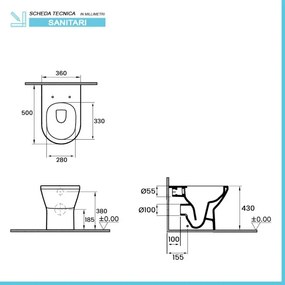 Wc filomuro senza brida bianco lucido con scarico universale Itaca