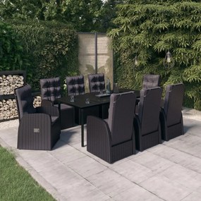 Set da pranzo da giardino 9 pz con cuscini nero