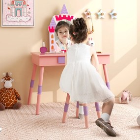 Costway Set da toletta per bambini con specchio cassetto e piano rimovibile, Tavolo da trucco e sgabello in legno Rosa