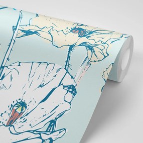 Carta da parati autoadesiva – Papaveri fioriti in blu-beige