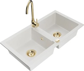 Mexen Mario lavello da cucina in granito a 2 vasche con rubinetto Telma, bianco - 6504-20-670200-50