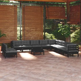Set divani da giardino 12 pz con cuscini neri in legno di pino