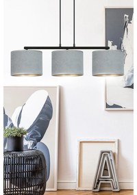 Lampadario 3 Luci Ganesha In Acciaio Nero E Paralumi In Tessuto Grigio