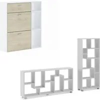 Set di Scarpiere WIND, struttura bianca, porta e cassetti in rovere, 90x26x101,5cm Libreria bianco opaco, 68,5x25x161cm