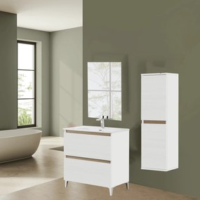 Mobile Bagno a Terra Cannettato 80 Cm Due Cassetti Specchio a Filo 80x60 Cm Feridras "Revital" Bianco Frassinato/Rovere