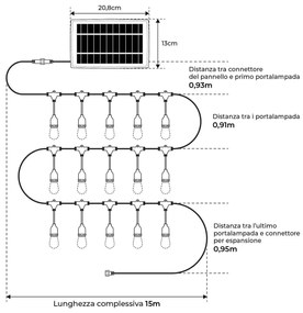 Catenaria SOLARE 15 Lampadine LED 1W Bianco Caldo - 15m Colore Bianco Caldo 2.700K