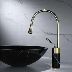 Miscelatore per lavabo EYN BF0954 da piano in ottone con bocca girevole, in più finiture tra cui oro — Oro spazzolato - marmo bianco — 34 cm