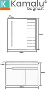 Kamalu - Mobile bagno 80 cm lavabo integrato e specchio contenitore | KAM-NS80