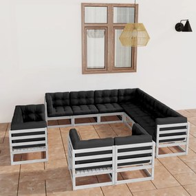 Set divani da giardino 11pz con cuscini massello di pino bianco