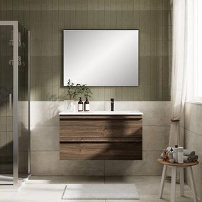 Mobile Linea L100 H55 P45 in laminato rovere cotto 2 cassetti a chiusura ammortizzata e lavabo ceramica vasca DX