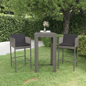 Set Bar da Giardino 3 pz con Cuscini in Polyrattan Grigio