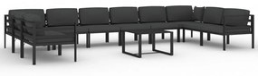 Set divani da giardino 11 pz con cuscini in alluminio antracite