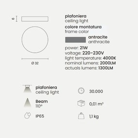 Plafoniera LED per esterni NILO in Abs Antracite D32 cm