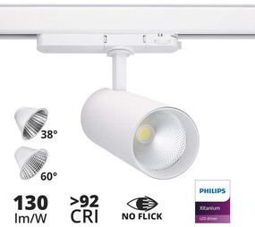 Faro LED 34W per Binario Trifase, 38° + 60° Bianco, PHILIPS Xitanium CRI92 Colore Bianco Freddo 6.000K