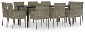 Set mobili giardino 11 pz con cuscini polyrattan nero e grigio