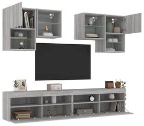 Set mobili tv a muro 6 pz con luci led grigio sonoma