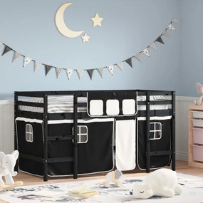 Letto A Soppalco Con Tende Bambini Bianco E Nero 90x200 Cm Pino /