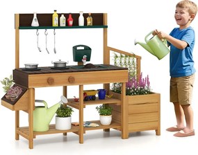 Costway Cucina da esterno in legno per bambini 3-8 anni con accessori realistici, Cucina da gioco con cassettiera per piante 3 Colori