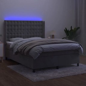 Letto a molle materasso e led grigio chiaro 140x190 cm velluto