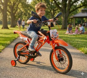 Bicicletta per Bambini 16" Freni a Disco e Rumore del Motore in Accelerazione Magik-Bike Motocross Arancione...