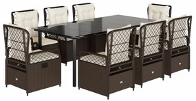 Set da pranzo da giardino 9pz con cuscini marrone in polyrattan