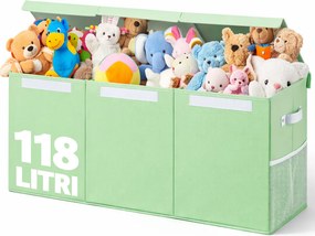 Box Contenitore per Giocattoli 91,5x32x40,5 cm Pieghevole 3 Scomparti 118L in TNT Verde...