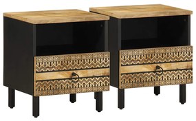 Comodini 2pz Neri 40x33x46 Cm İn Legno Massello Di Mango Grezzo /