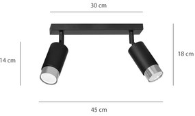 Plafoniera 2 Luci A Faretti Orientabili A Cilindro In Acciaio Nero E Cromo