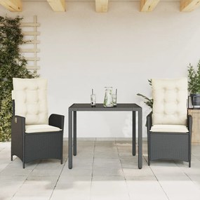 Set da pranzo da giardino 3 pz con cuscini nero in polyrattan