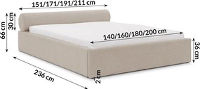 Letto matrimoniale imbottito beige con contenitore con rete inclusa 180x200 cm Cille – Ropez