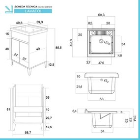 Mobile lavatoio 60x50 Way bianco lucido con vasca asse e kit scarico