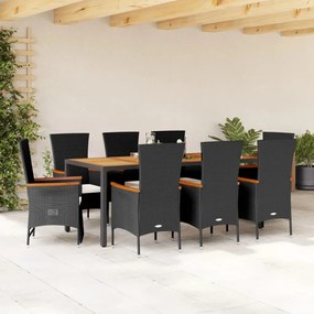 Set da pranzo da giardino 9 pz con cuscini nero in polyrattan