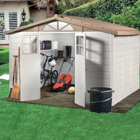 Casetta da giardino GAROFALO Tuscnay EVO XXL in pvc beige con porta doppio battente, superficie interna 6.51 m² e spessore parete 20 mm