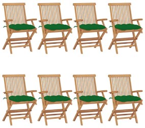 Sedie da giardino con cuscini verdi 8 pz in massello di teak