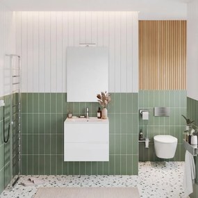 Composizione Eva 60 cm, con due cassetti, Bianco Lucido, lavabo in ceramica, specchiera e lampada LED