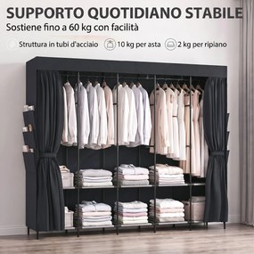 Armadio Salvaspazio 212x45x167 cm con 5 Aste 5 Ripiani 6 Tasche Laterali Ante Antipolvere con Zip in Tessuto Nero...