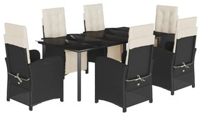 Set da pranzo da giardino 7 pz nero con cuscini in polyrattan